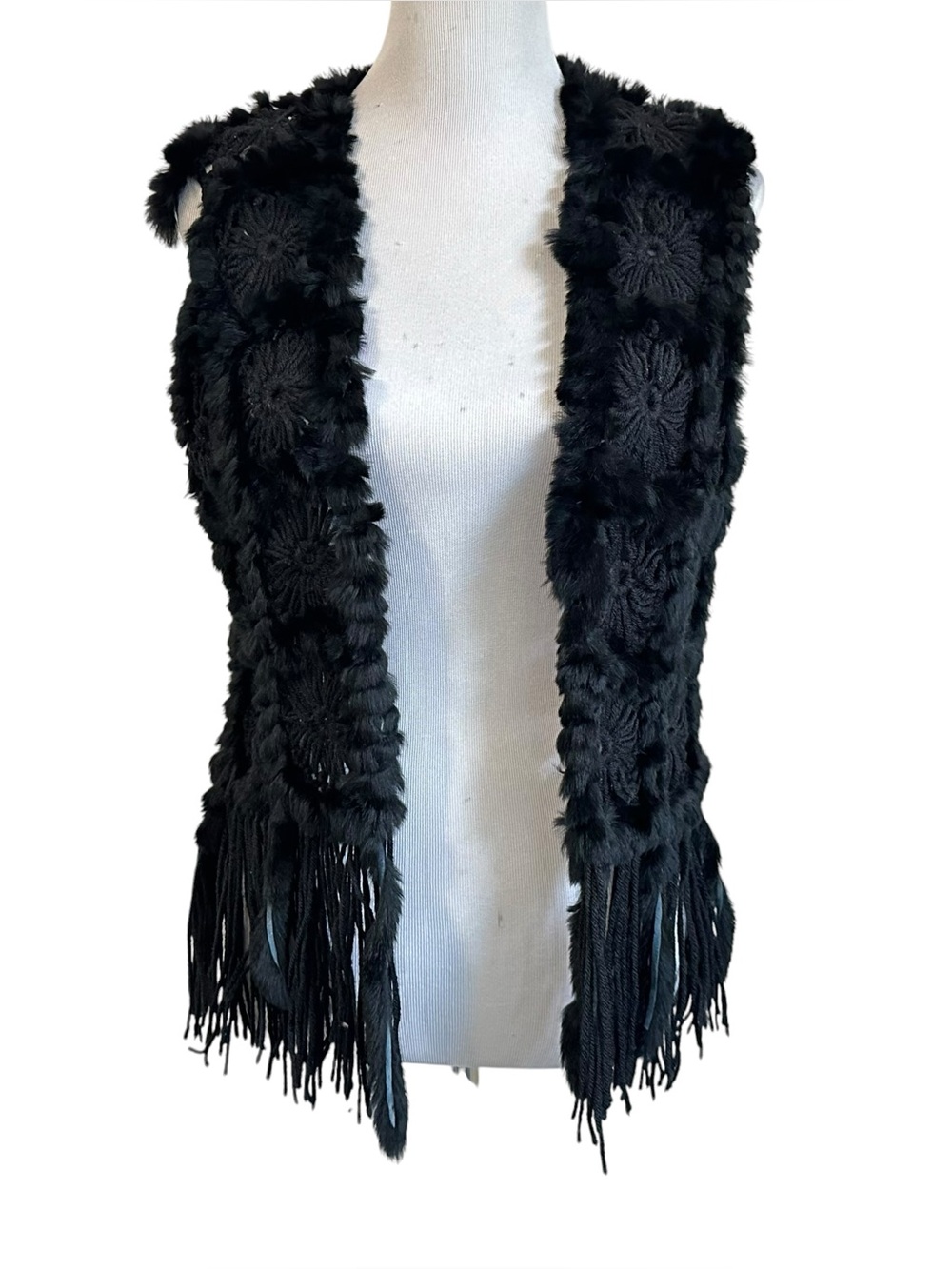 Alberto Makali Womens Rabbit Fur Fringe Vest Sz Large Black